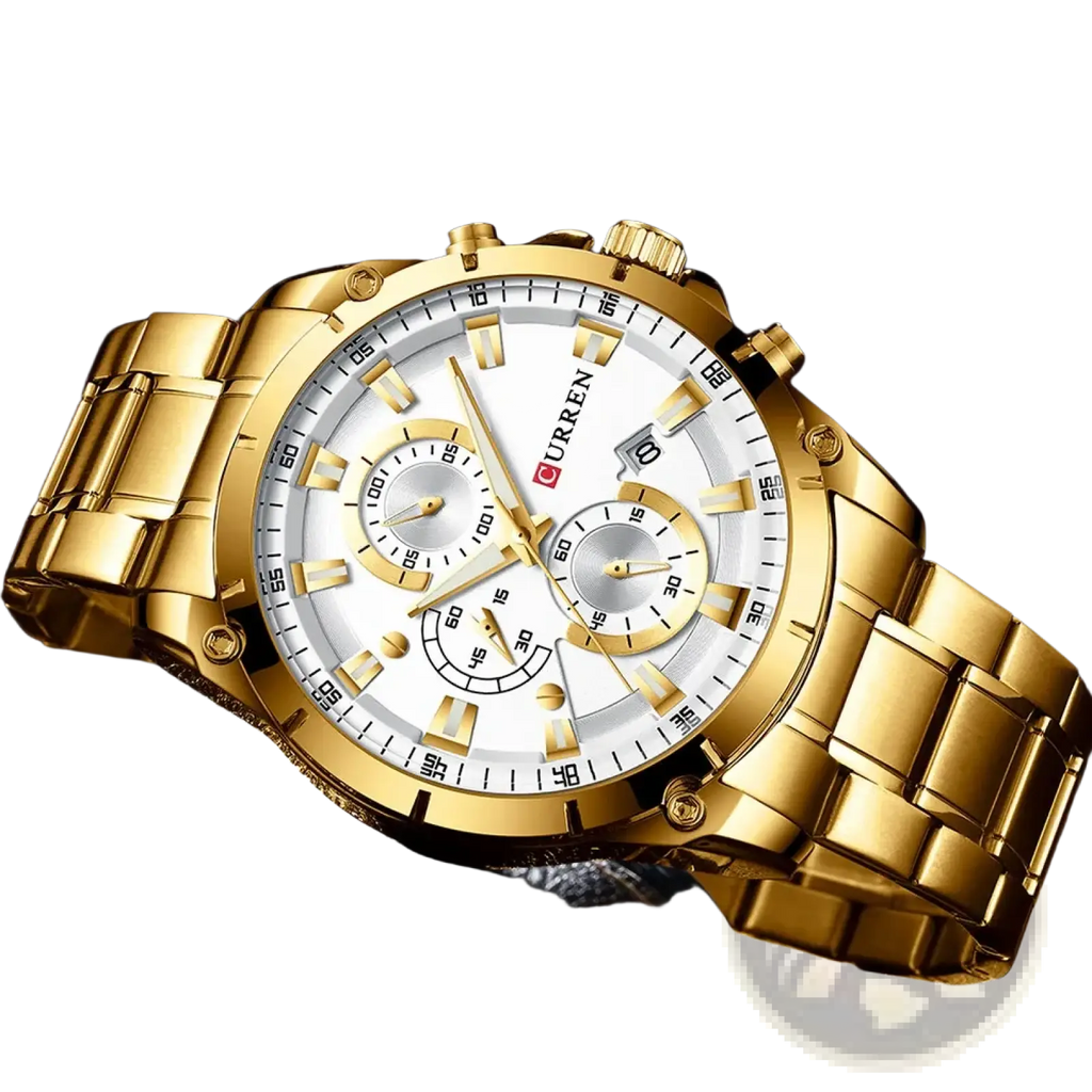 Curren gold chronograph watch with a white dial, three sub-dials, and stainless steel gold-tone metal case
