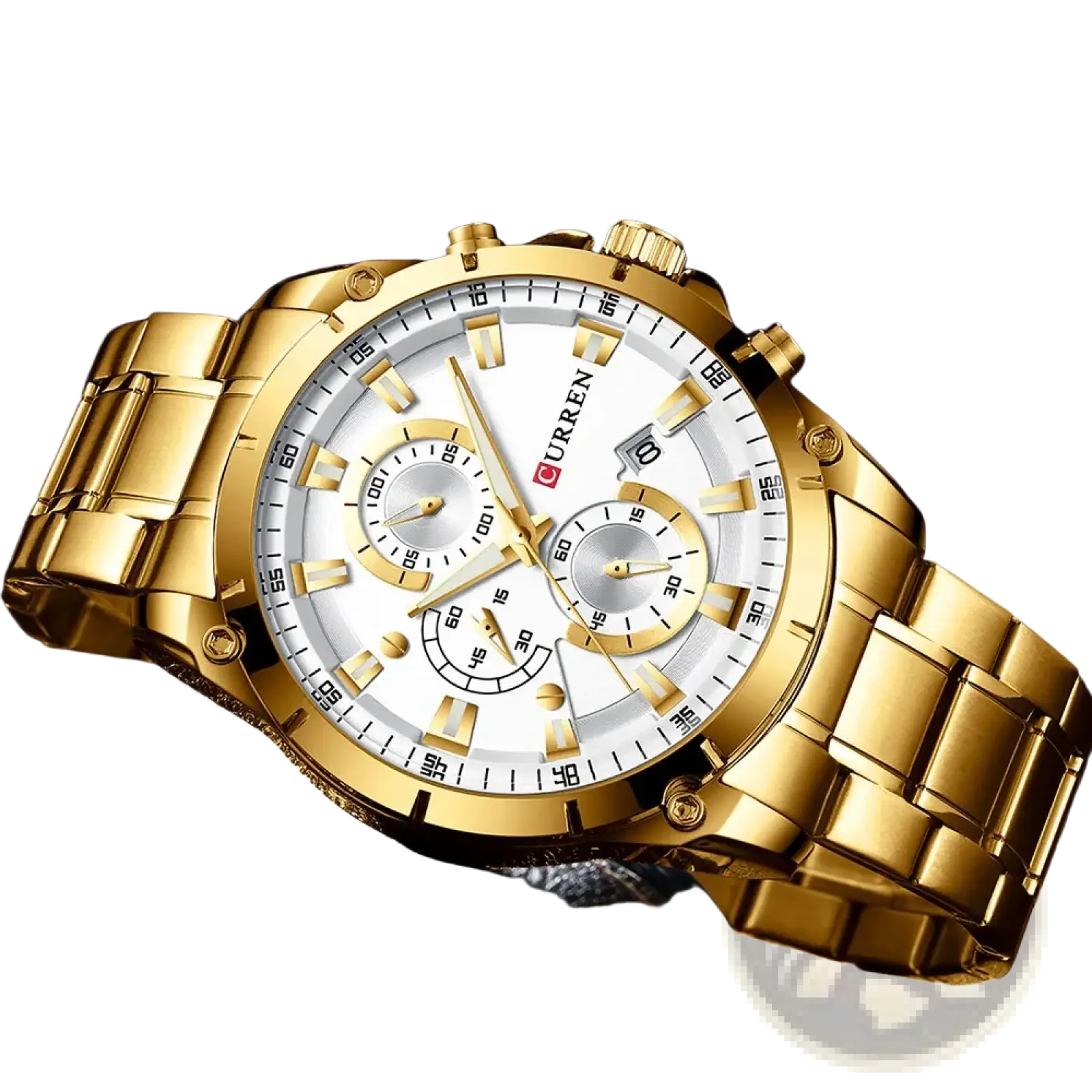 Curren gold chronograph watch with a white dial, three sub-dials, and stainless steel gold-tone metal case