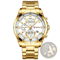 Curren gold chronograph watch with white dial, three subdials, and gold-toned stainless steel bracelet