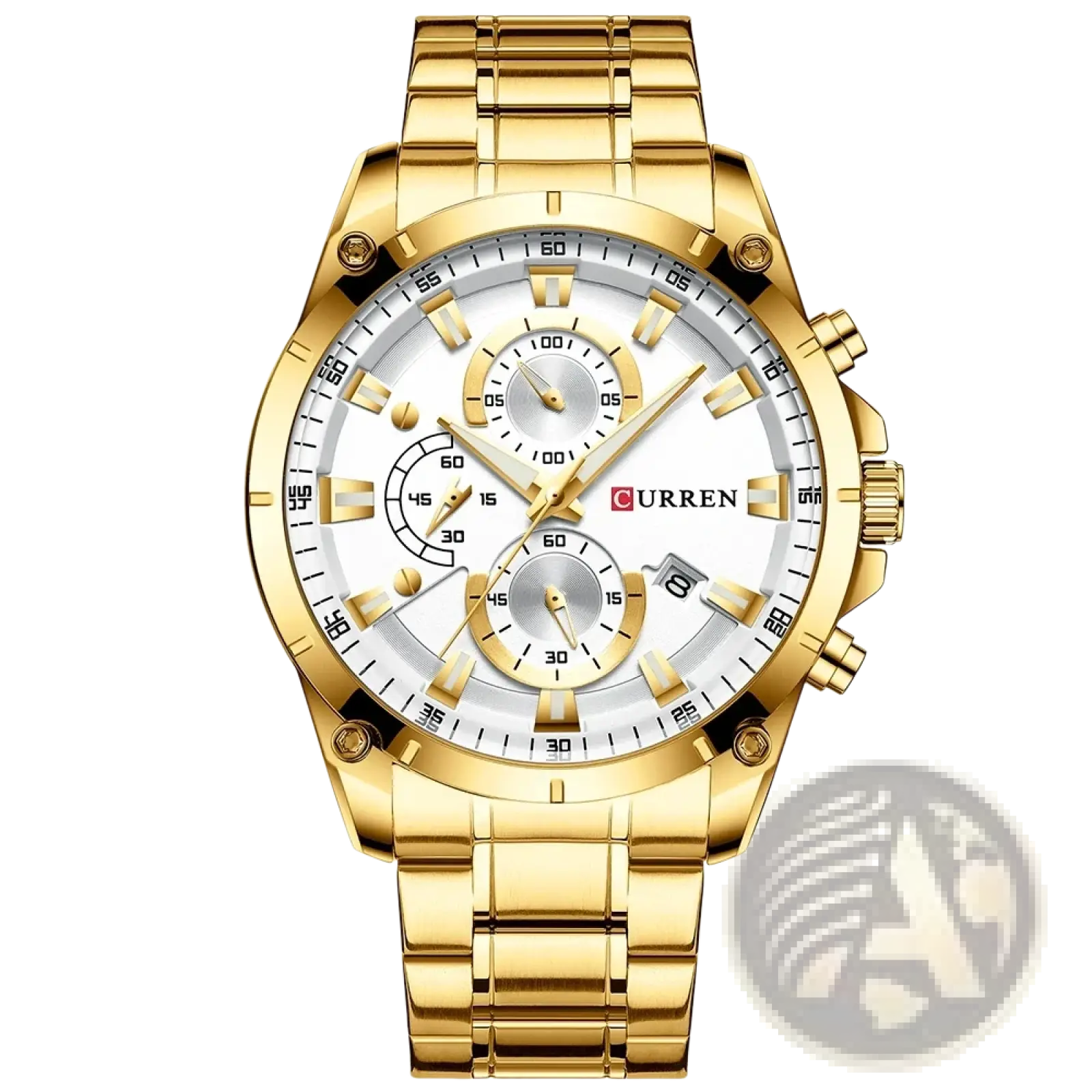 Curren gold chronograph watch with white dial, three subdials, and gold-toned stainless steel bracelet