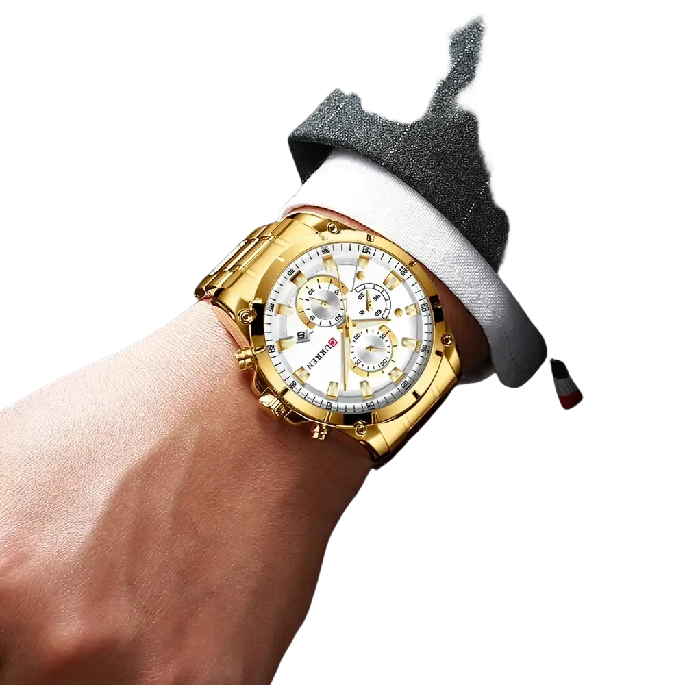 Gold-toned Curren chronograph watch with white dial, three sub-dials, and stainless steel case and bracelet