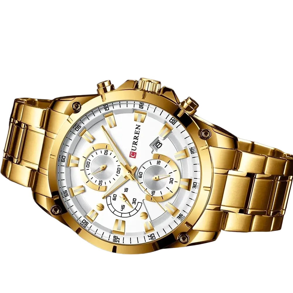 Curren gold chronograph watch with white dial, three sub-dials, gold-tone hands and markers, stainless steel case