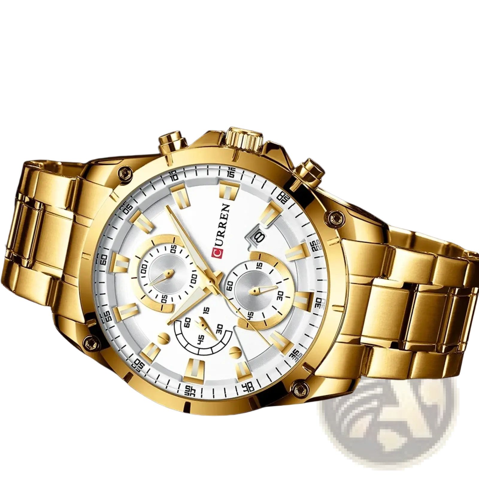 Curren gold chronograph watch with white dial, three sub-dials, gold-tone hands and markers, stainless steel case