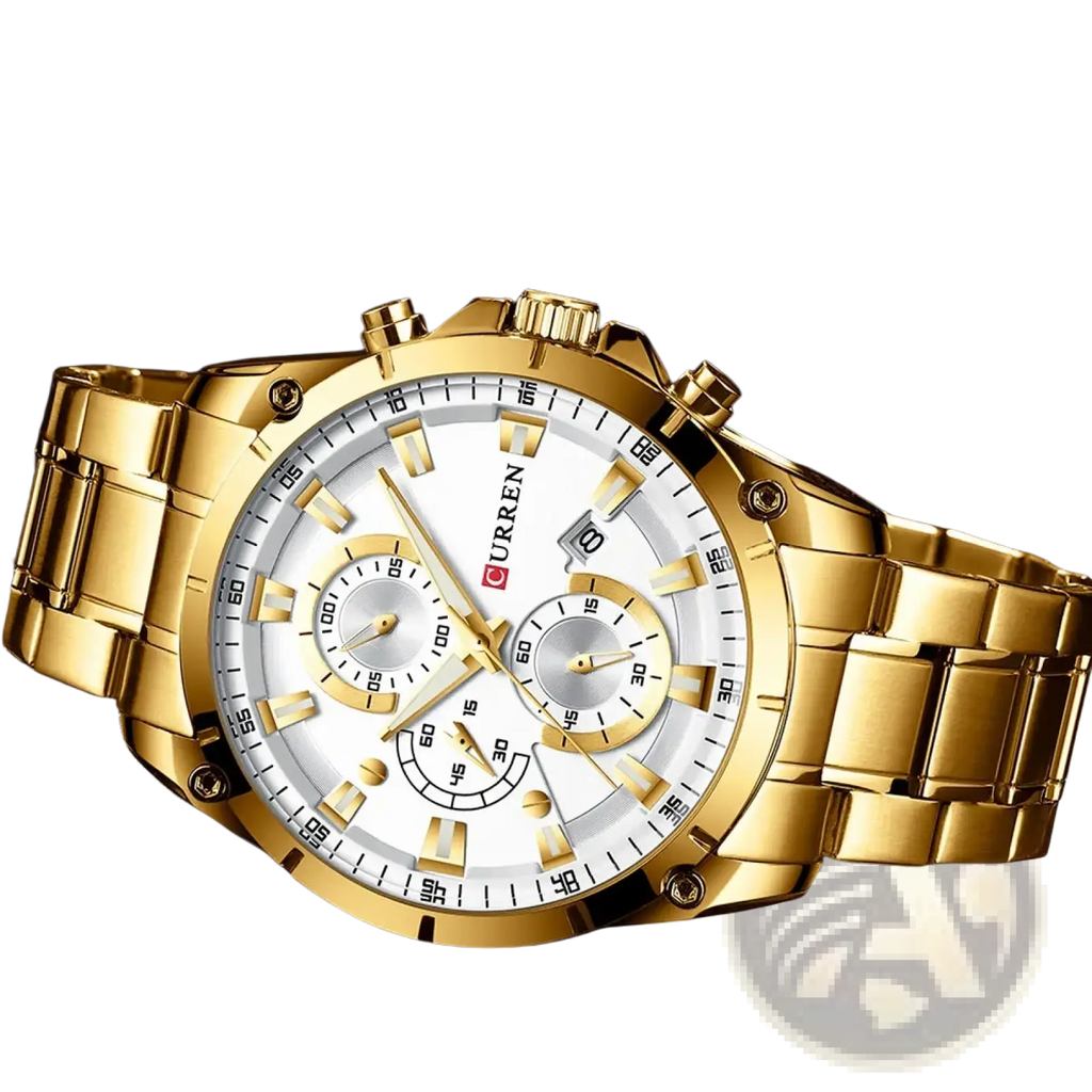 Curren gold chronograph watch with white dial, three sub-dials, and polished stainless steel bracelet