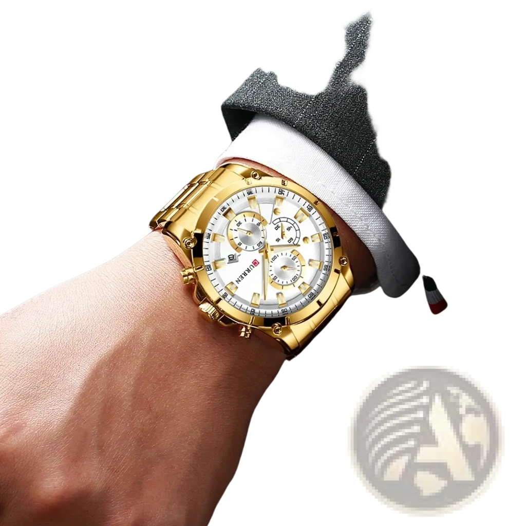 Gold-toned Curren chronograph watch with white dial, three sub-dials, and stainless steel case and bracelet