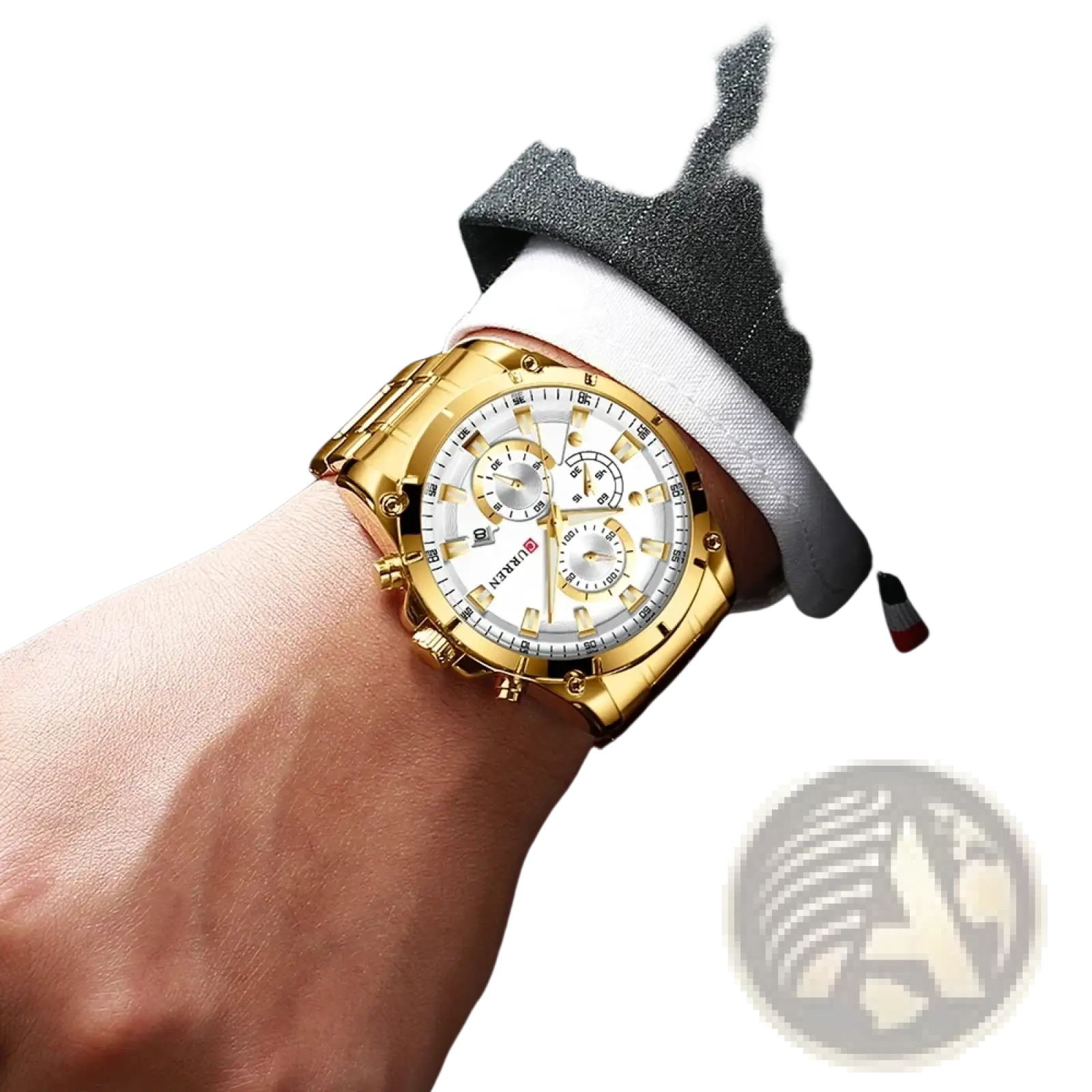 Gold-toned Curren chronograph watch with white dial, three sub-dials, and stainless steel case and bracelet