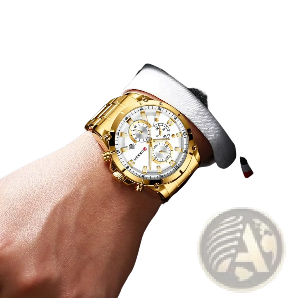 Gold-toned Curren chronograph watch with white dial, three sub-dials, and stainless steel construction