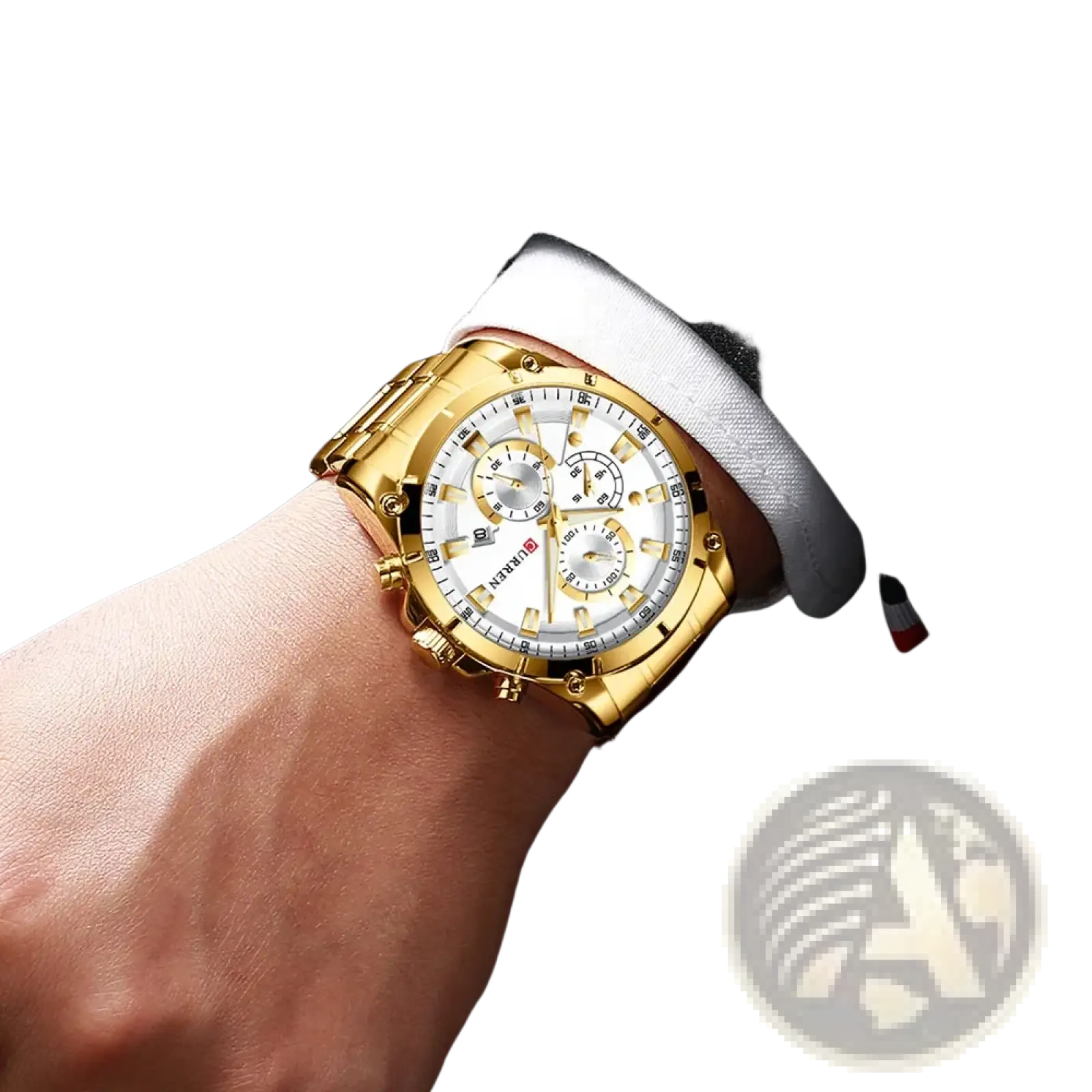 Gold-toned Curren chronograph watch with white dial, three sub-dials, and stainless steel construction