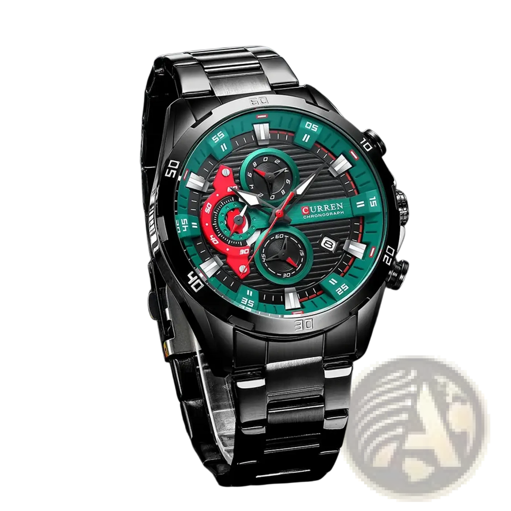 Curren men black green chronograph stainless steel watch with vibrant dial and multiple subdials