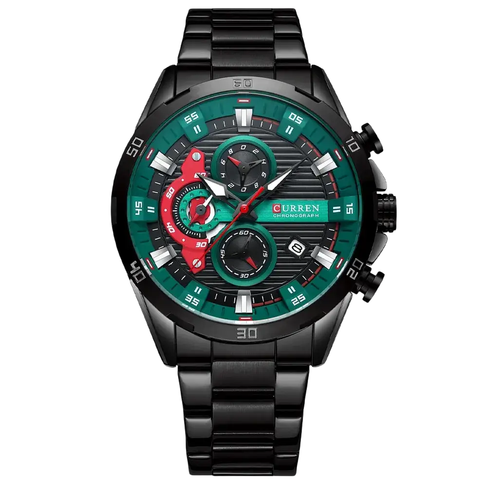 Curren men black green chronograph stainless steel watch with vibrant green dial red accents and black bracelet