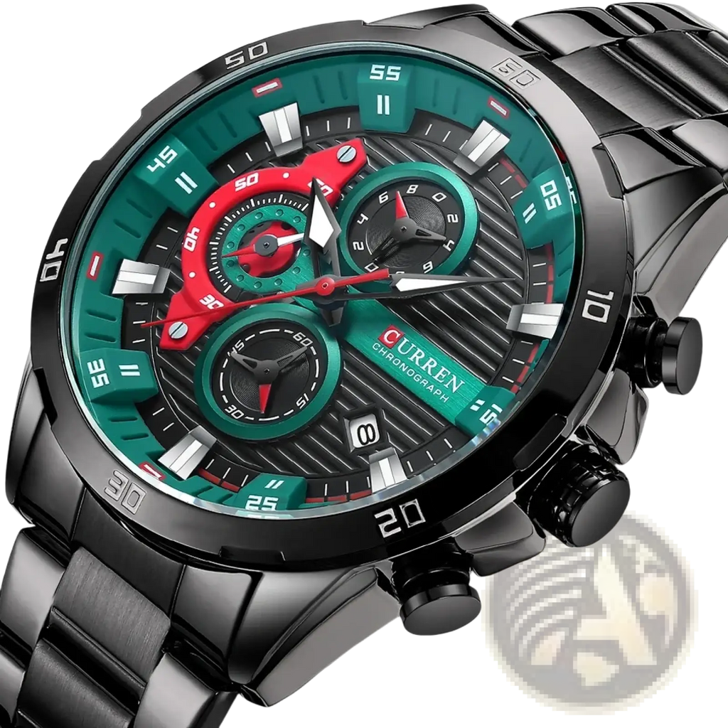 Curren men black green chronograph stainless steel watch with black case, bracelet, bold green dial, red subdials, and white markers