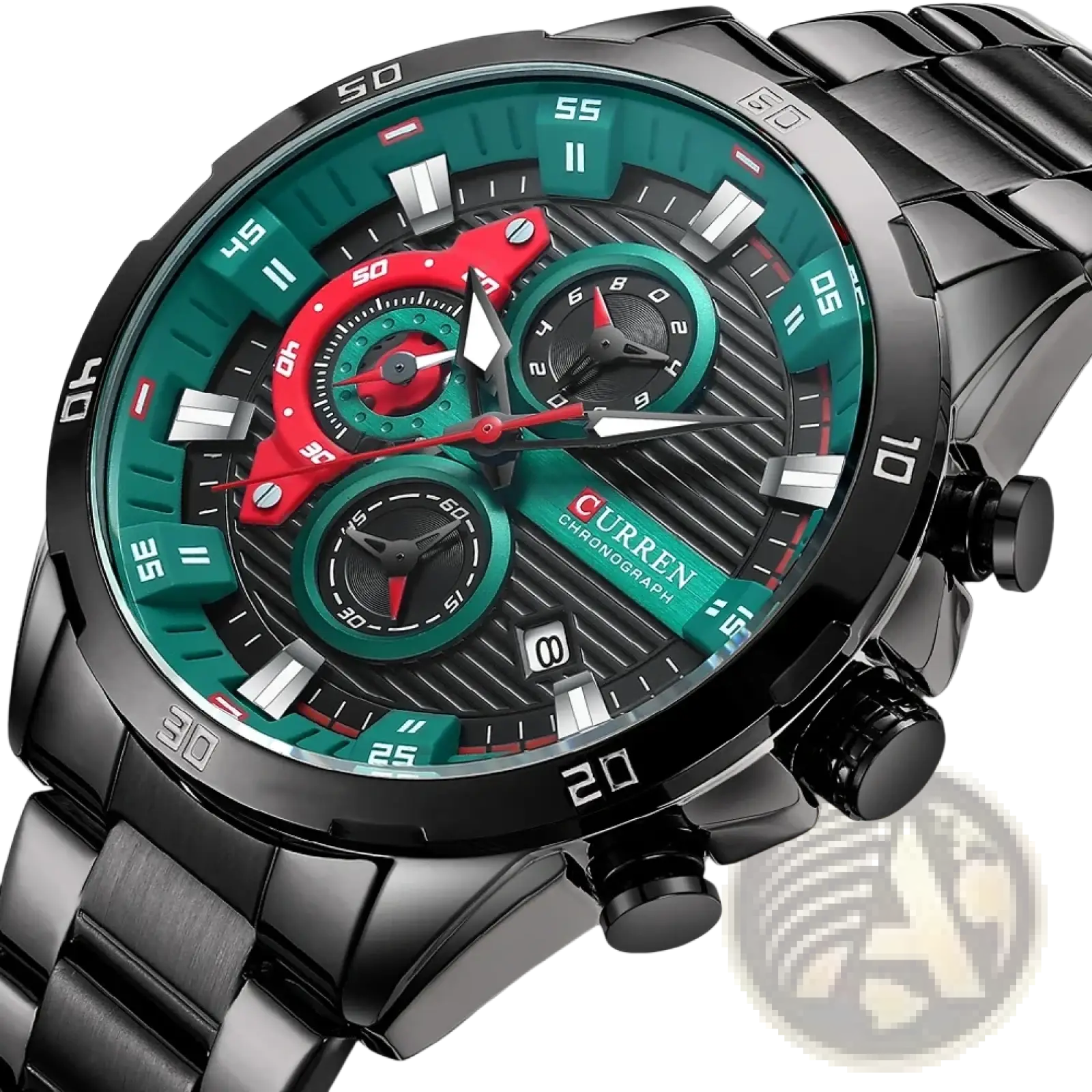Curren men black green chronograph stainless steel watch with black case, bracelet, bold green dial, red subdials, and white markers