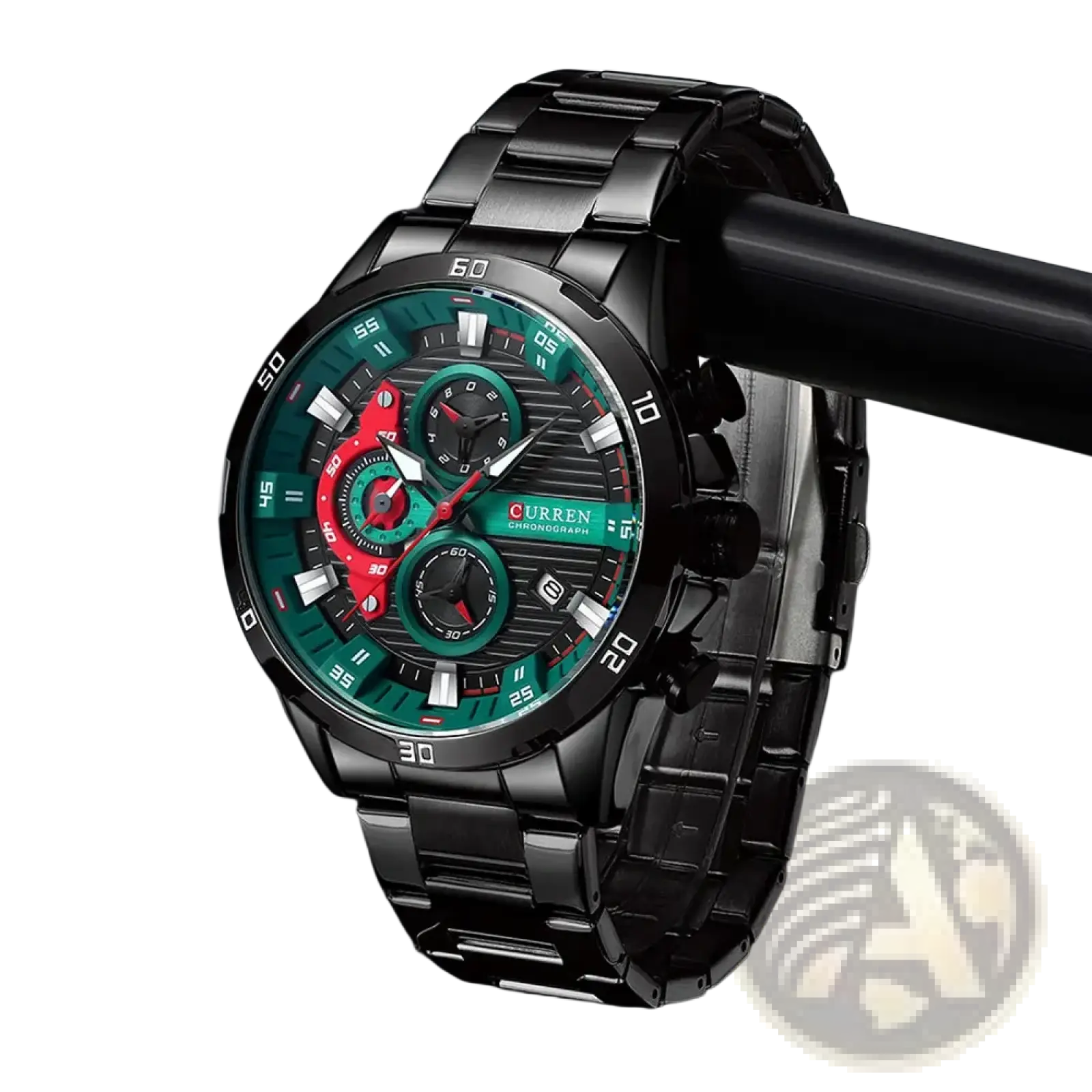 Black metal Curren men chronograph watch with vibrant green and red dial and stainless steel case