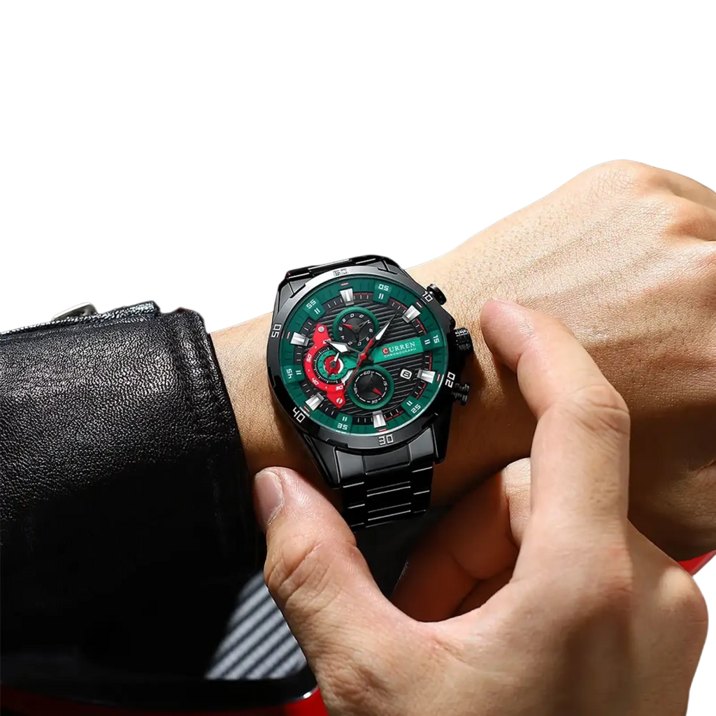 Curren men black chronograph stainless steel watch with vibrant green dial red accents and multiple subdials