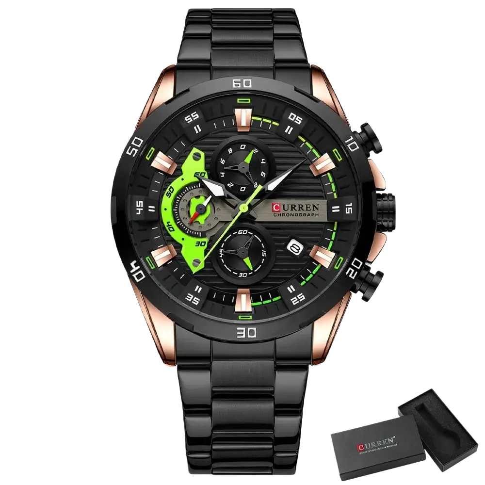 Curren men black green chronograph stainless steel watch with rose gold accents and bold green dial details