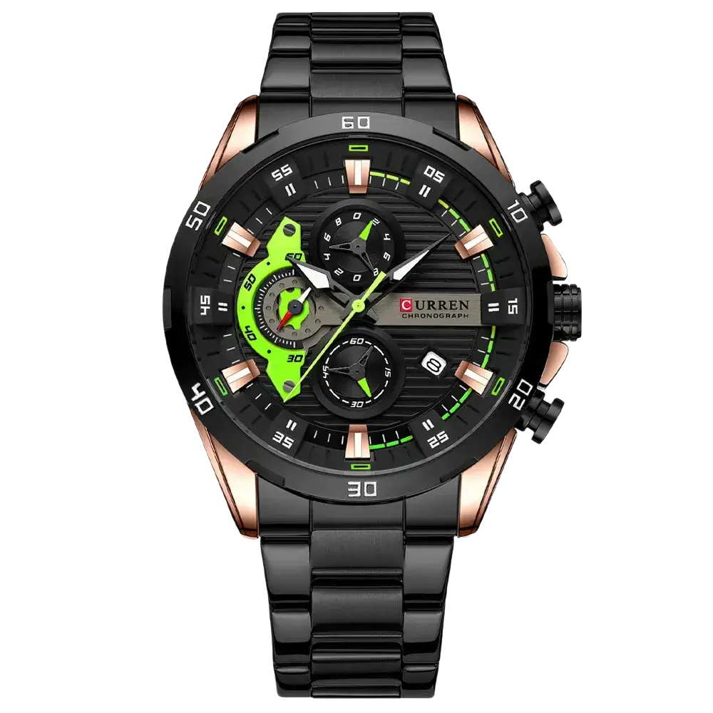 Curren men black green chronograph stainless steel watch with bold black dial rose gold accents and green subdials