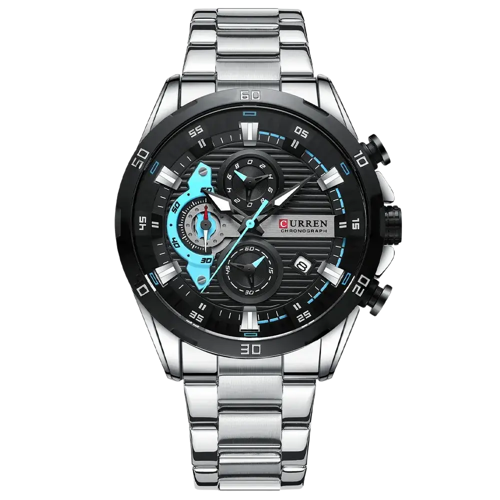 Silver-toned Curren men black green chronograph stainless steel watch with black dial and blue accents on subdials