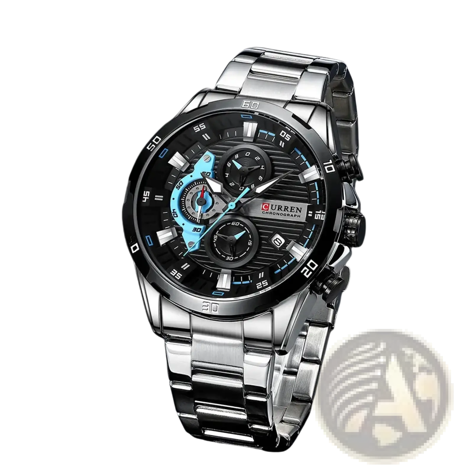Silver-toned Curren men chronograph watch with black dial, blue accents, and stainless steel link bracelet