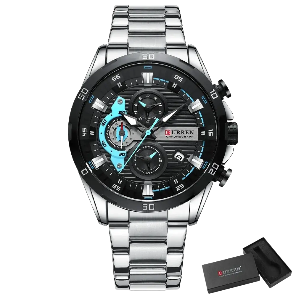 Curren men black green chronograph stainless steel watch with silver-toned case black dial and blue accent details