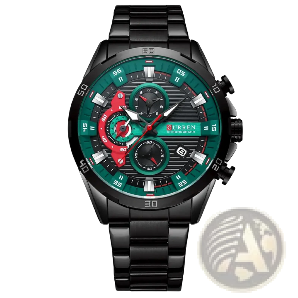 Curren men black green chronograph stainless steel watch with vibrant green dial red accents and black bracelet