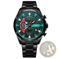 Curren men black green chronograph stainless steel watch with vibrant green dial red accents and black bracelet