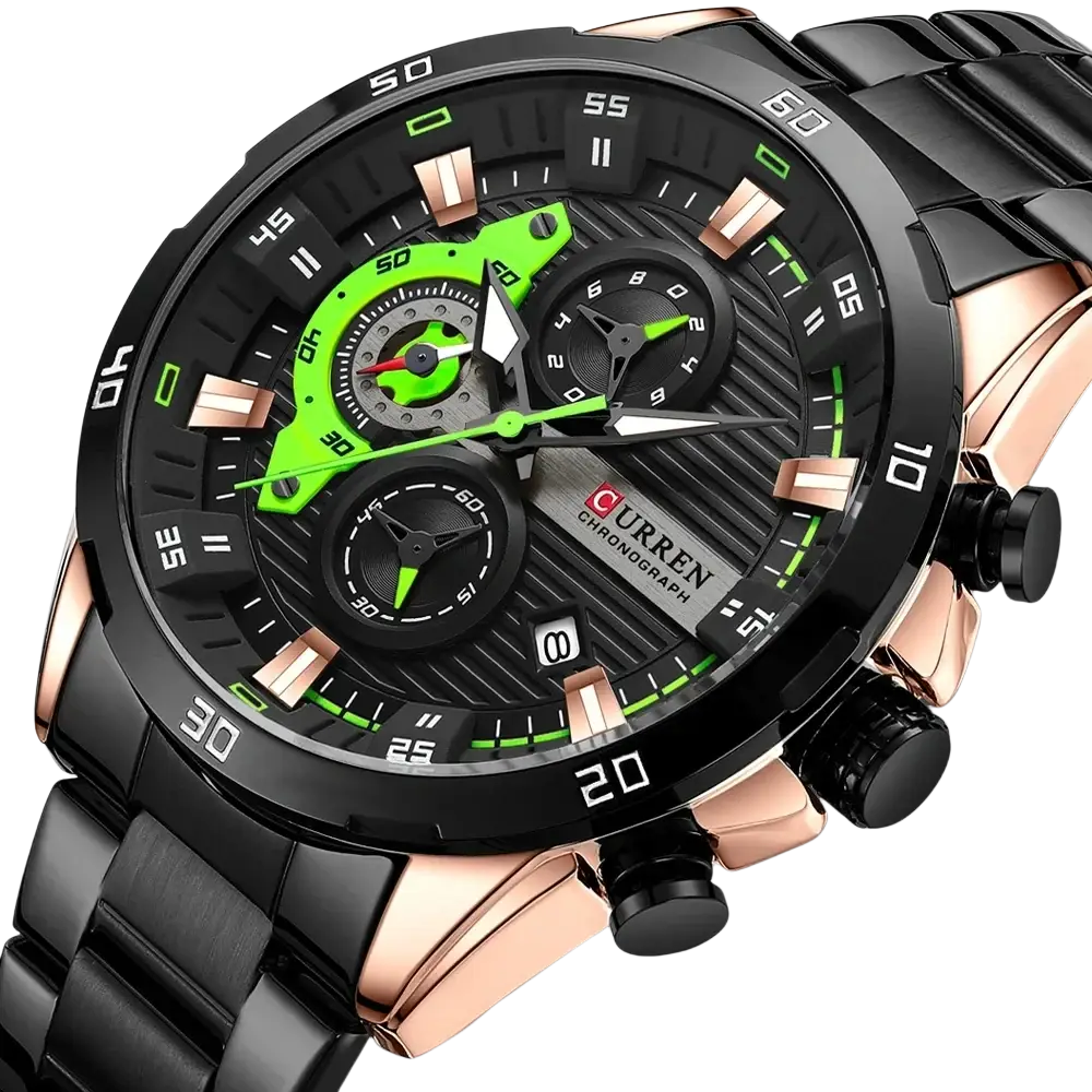 Curren men chronograph stainless steel watch with black and rose gold case, bracelet, and green-accented black dial