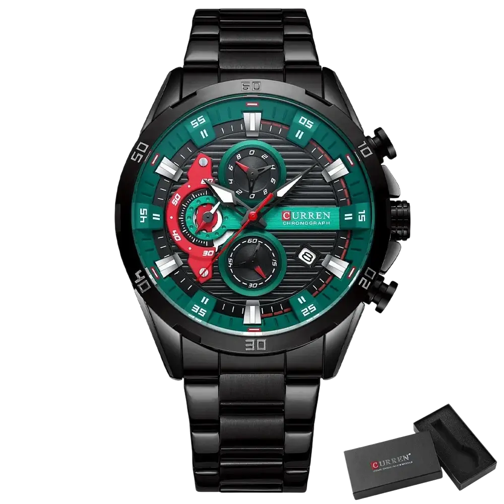 Curren men chronograph stainless steel watch with black case, vibrant green dial, red accents, and black bracelet