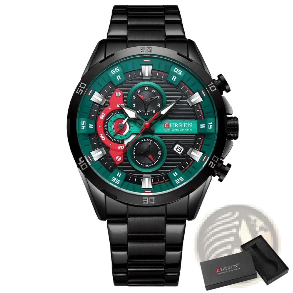 Curren men chronograph stainless steel watch with black case, vibrant green dial, red accents, and black bracelet
