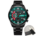 Curren men chronograph stainless steel watch with black case, vibrant green dial, red accents, and black bracelet