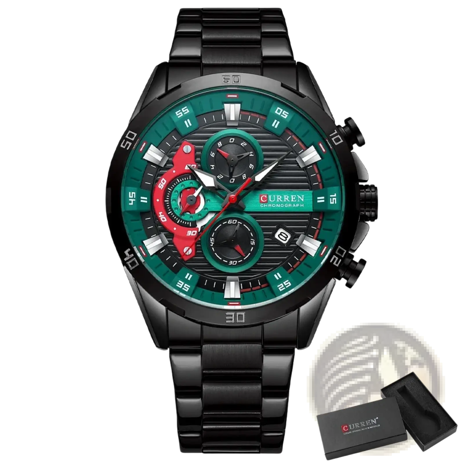 Curren men chronograph stainless steel watch with black case, vibrant green dial, red accents, and black bracelet