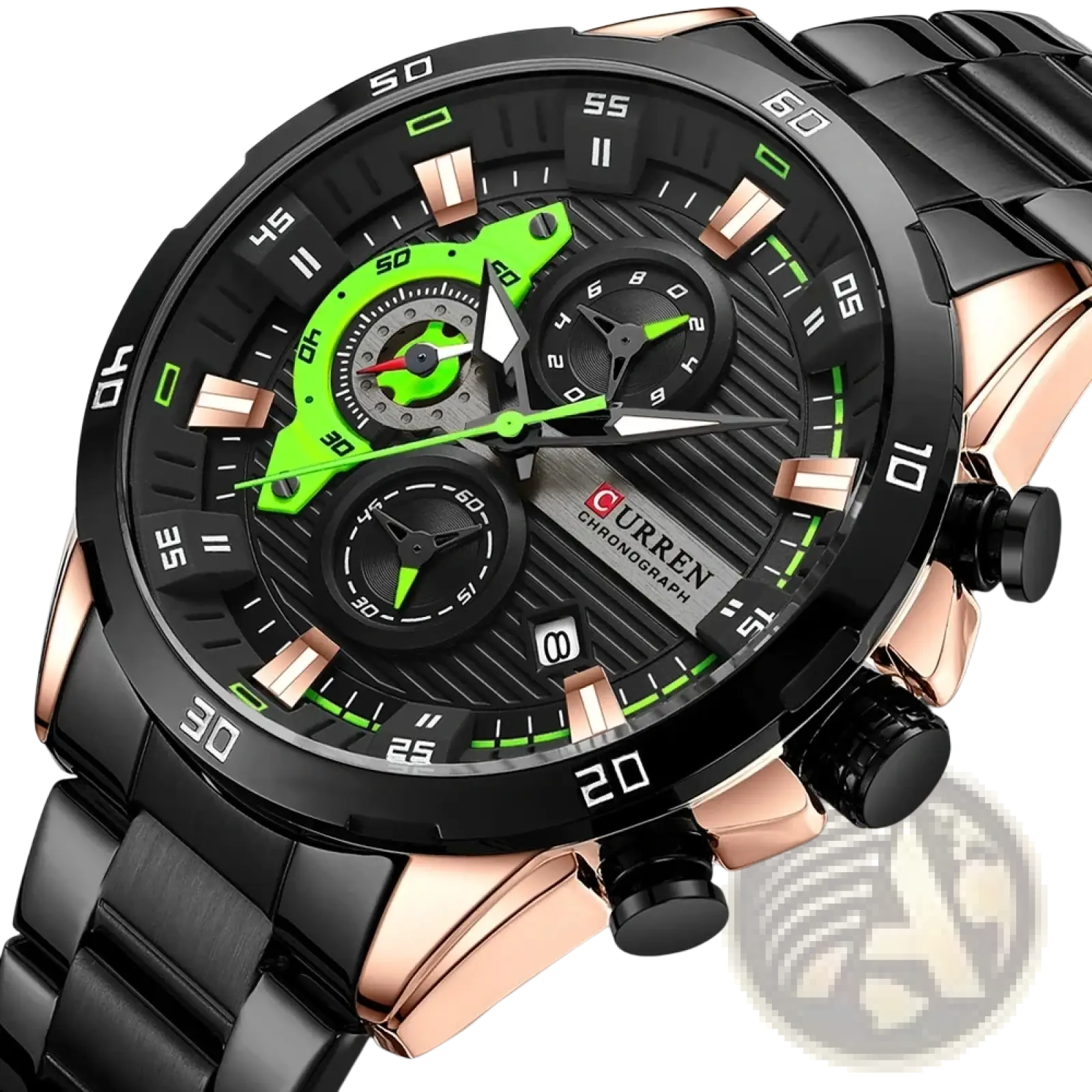 Curren men chronograph stainless steel watch with black and rose gold case, bracelet, and green-accented black dial