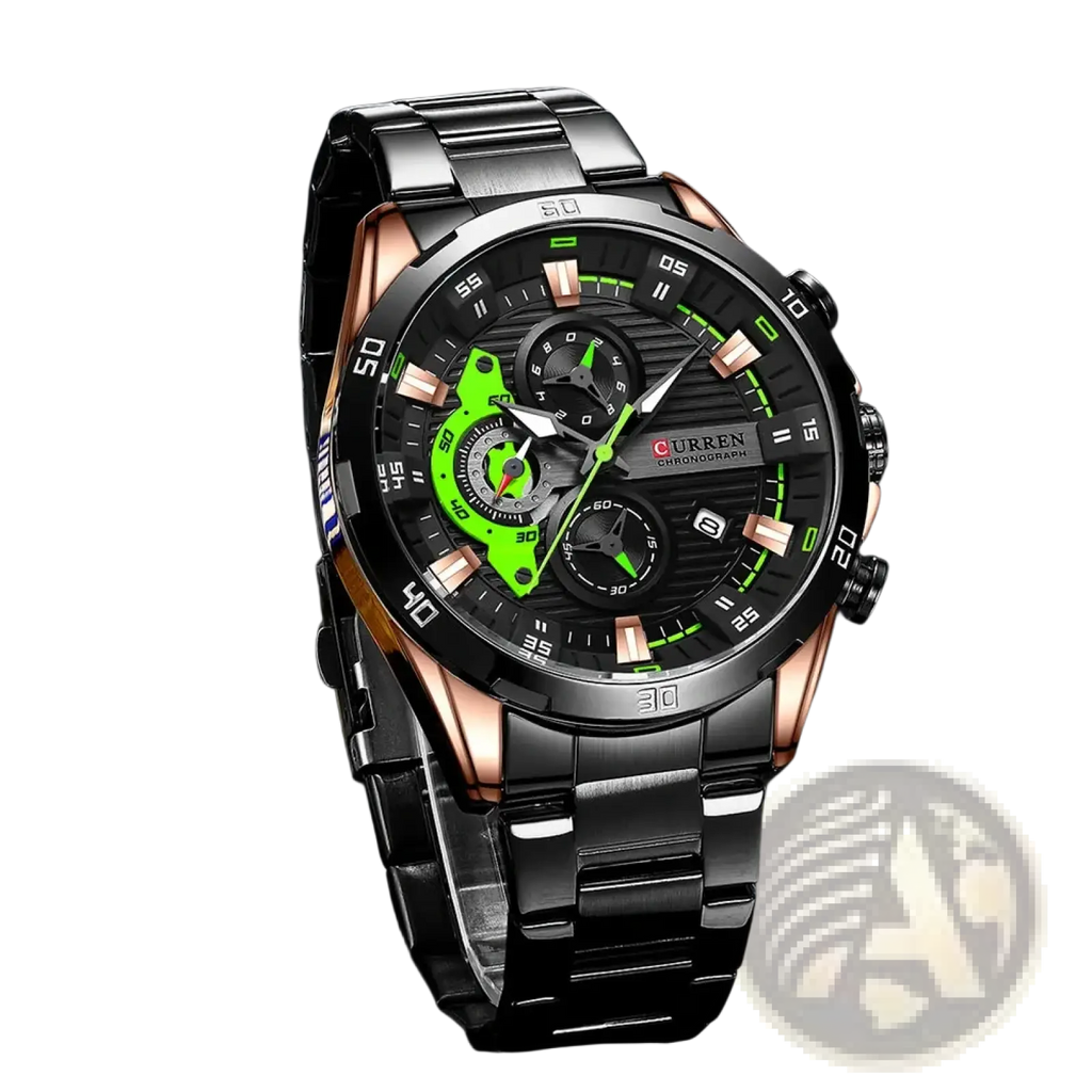 Curren men chronograph stainless steel watch with bold green dial black and rose gold accents and multiple subdials