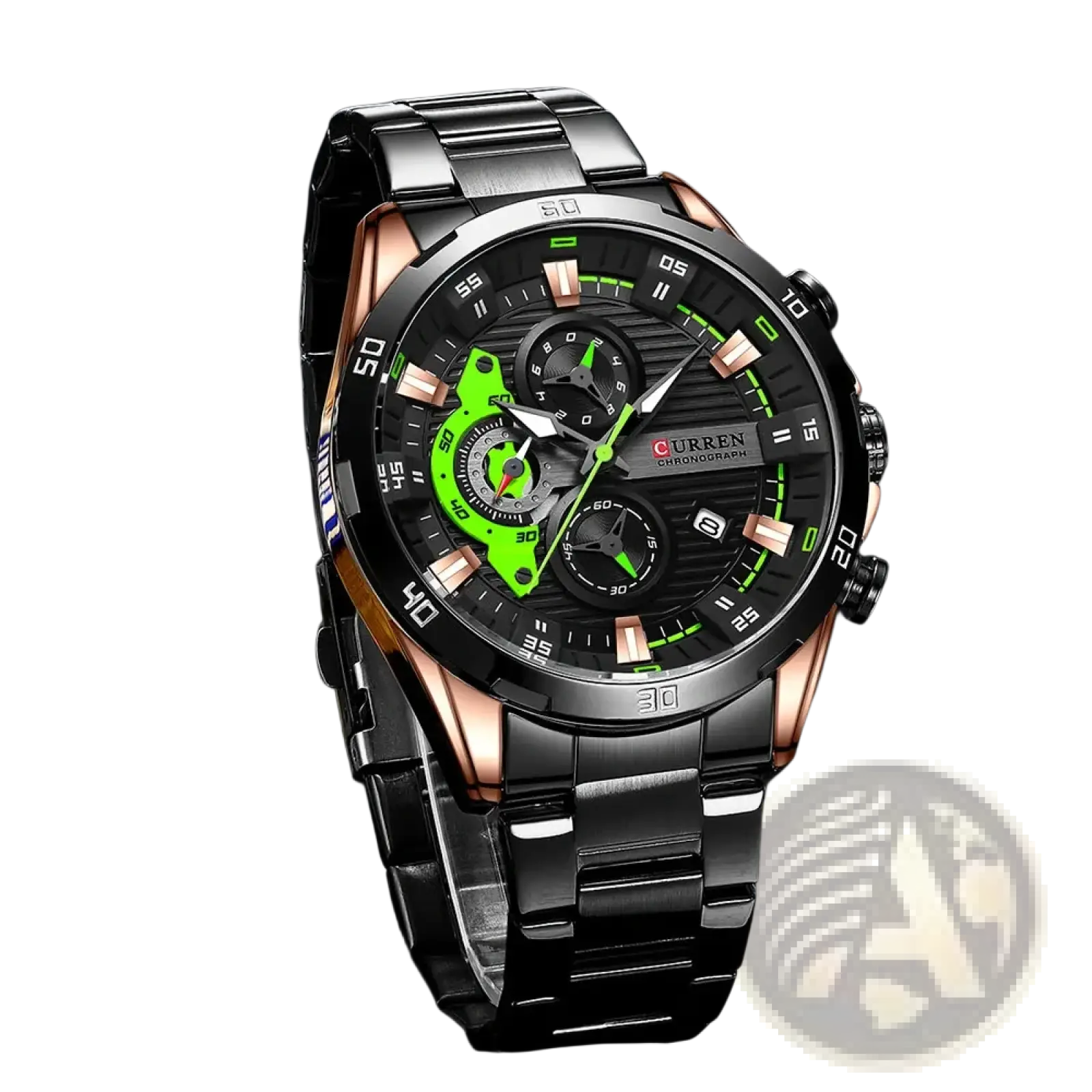 Curren men chronograph stainless steel watch with bold green dial black and rose gold accents and multiple subdials