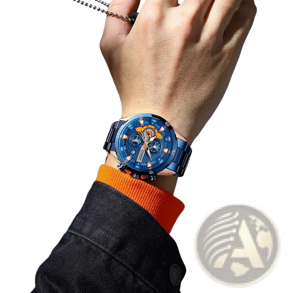 Curren men chronograph watch with blue and orange dial and stainless steel metallic bracelet