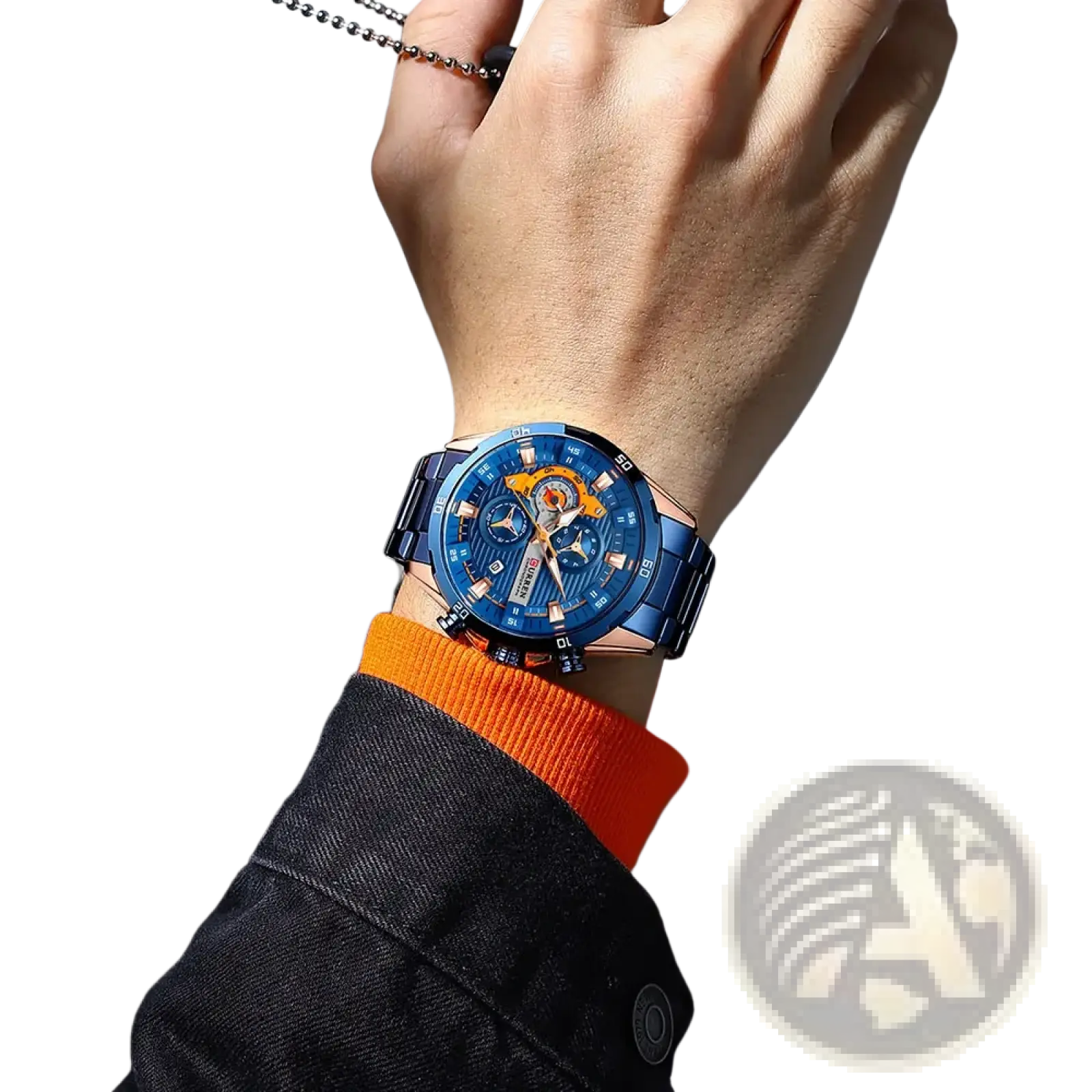 Curren men chronograph watch with blue and orange dial and stainless steel metallic bracelet