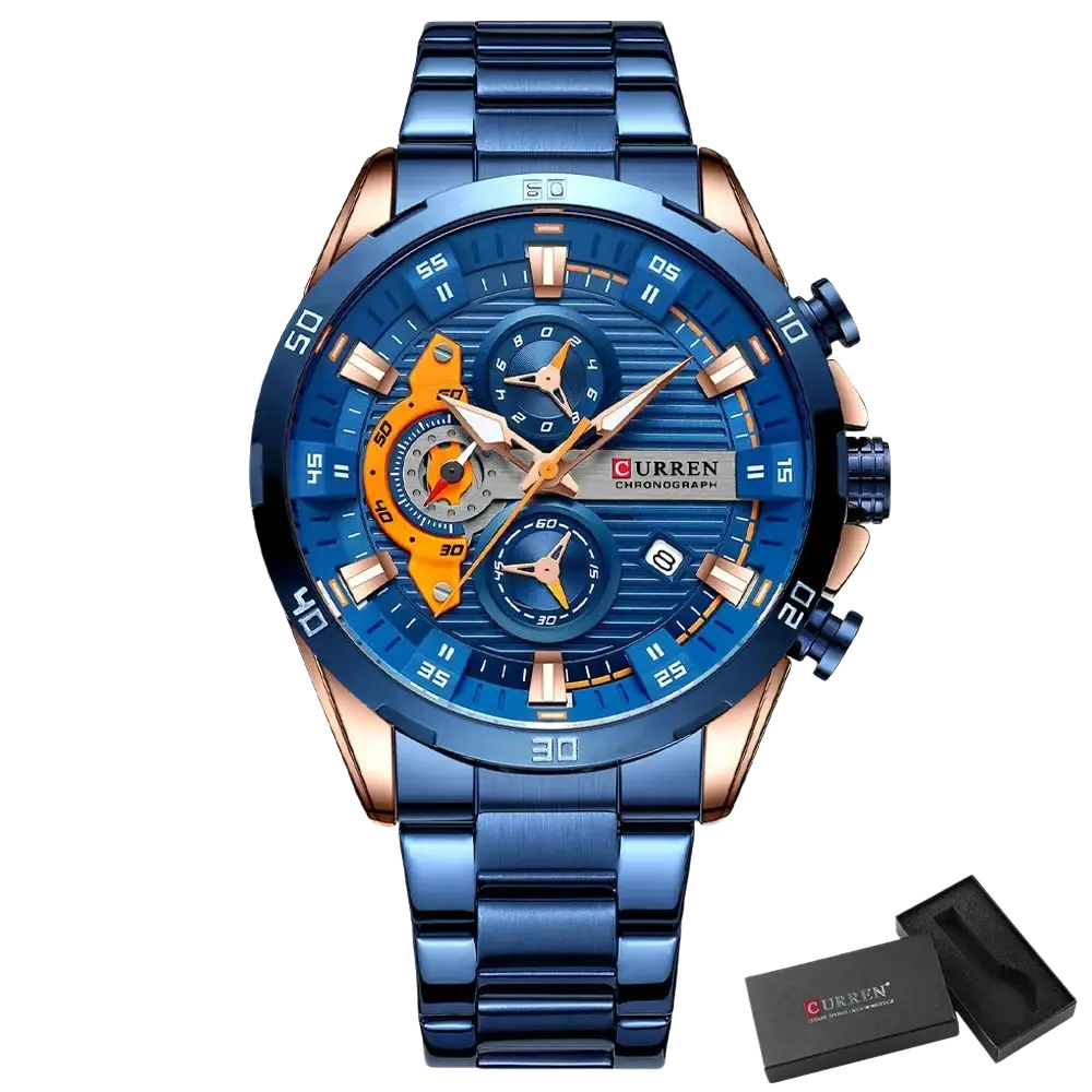 Blue and rose gold Curren men chronograph stainless steel watch with a metallic bracelet and detailed dial design