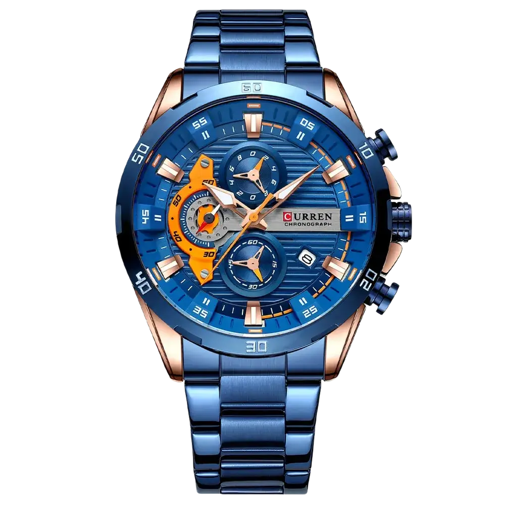 Curren men chronograph stainless steel watch with blue and rose gold dial and metallic bracelet
