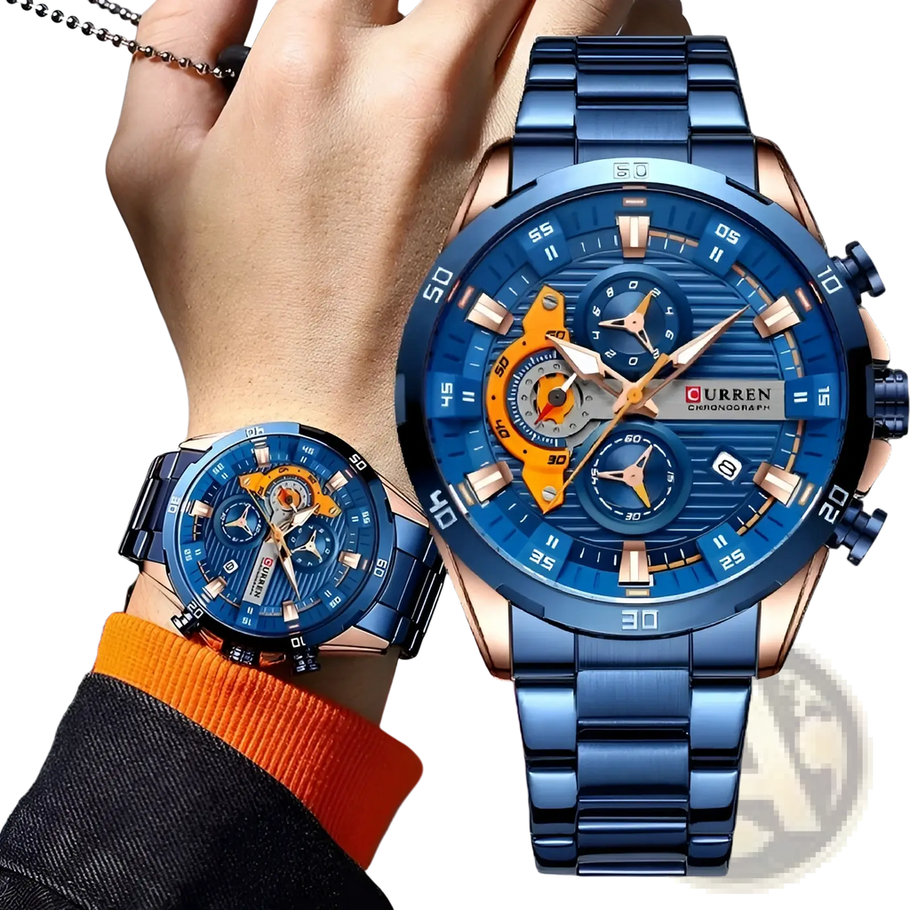 Curren men chronograph stainless steel watch with blue and rose gold multi-layered dial featuring orange accents