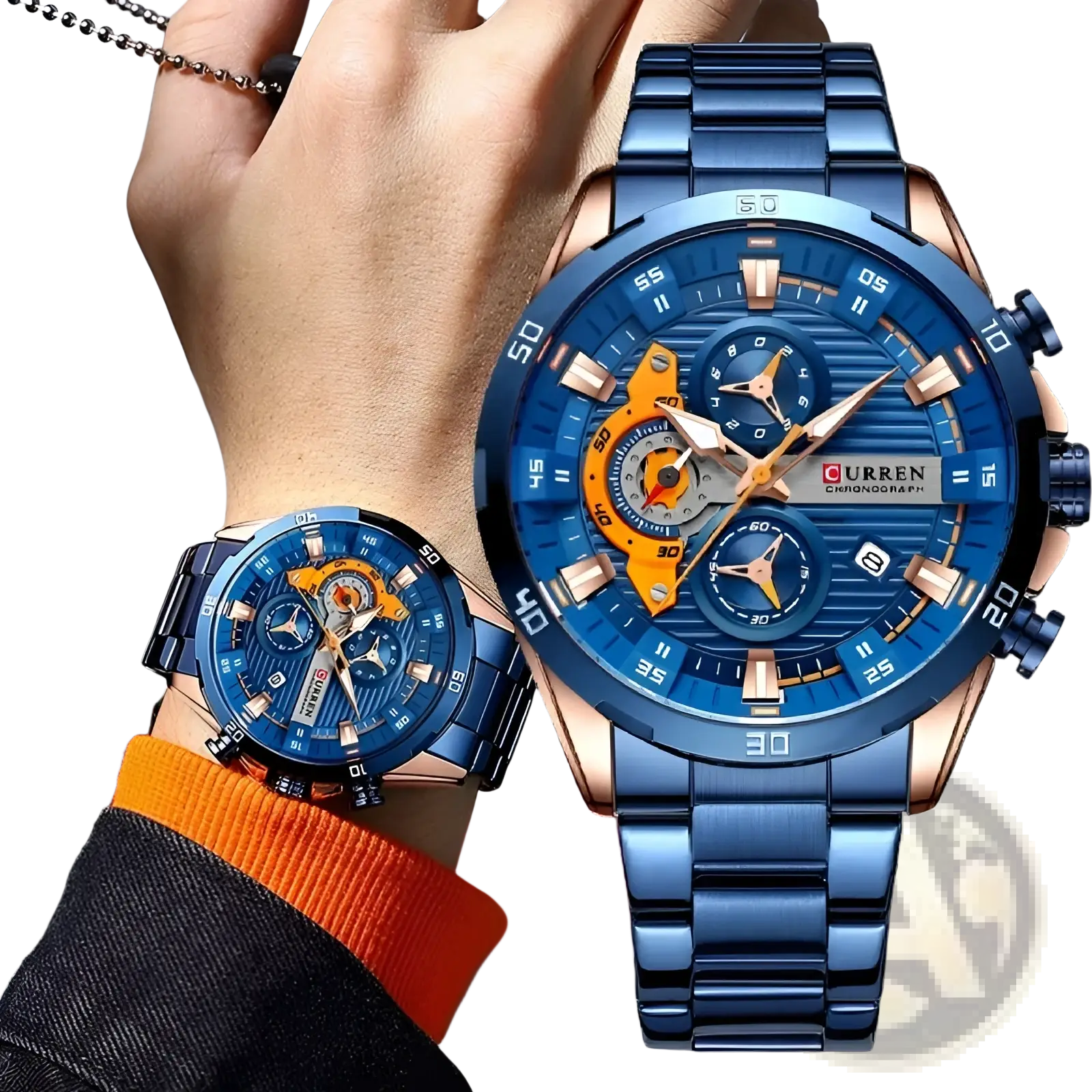Curren men chronograph stainless steel watch with blue and rose gold multi-layered dial featuring orange accents