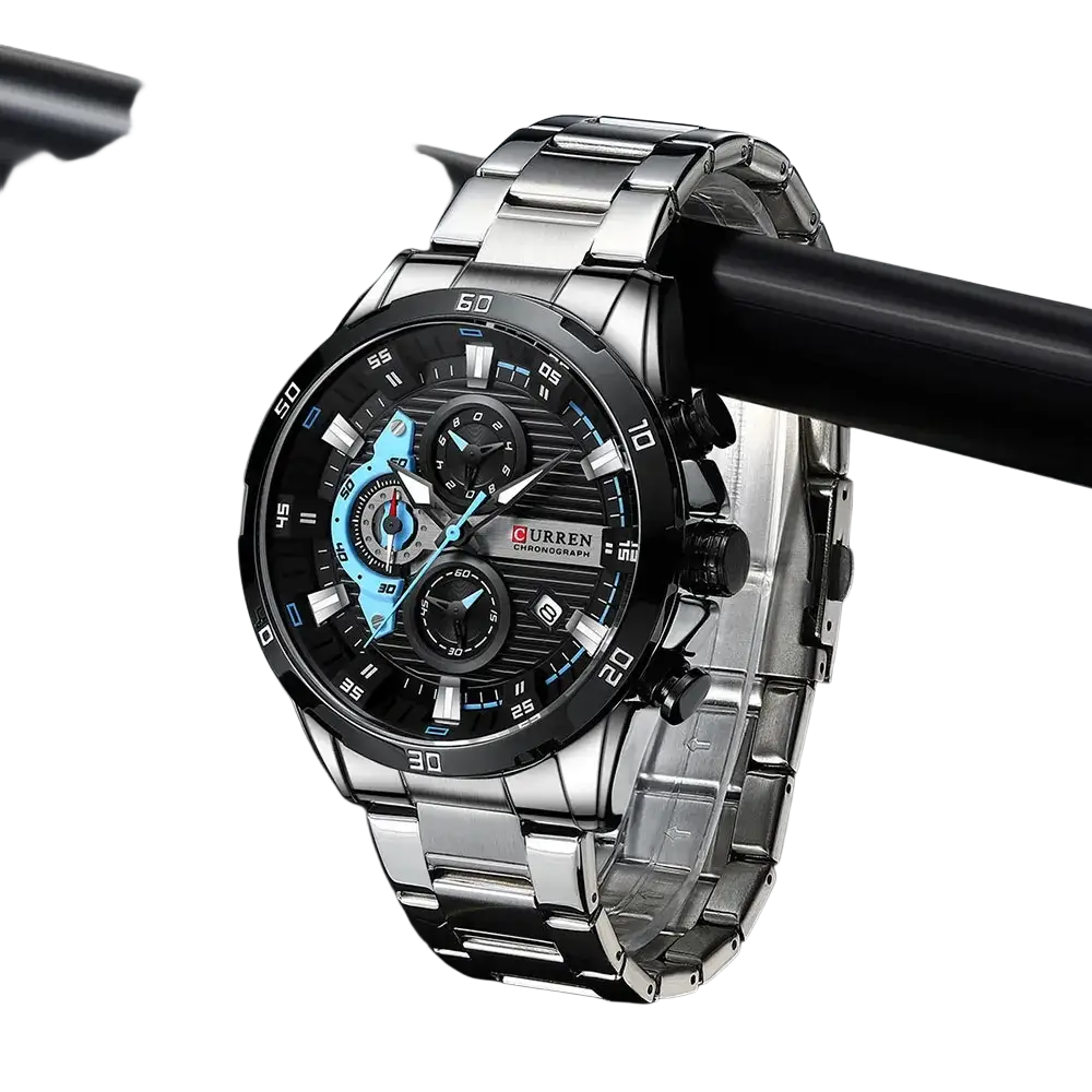 Silver-toned Curren men chronograph stainless steel watch with black dial and blue accents on subdials and hands