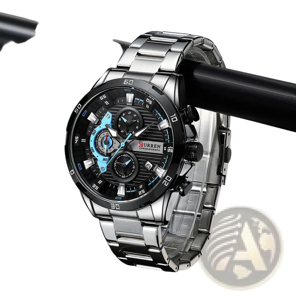 Silver-toned Curren men chronograph stainless steel watch with black dial and blue accents on subdials and hands