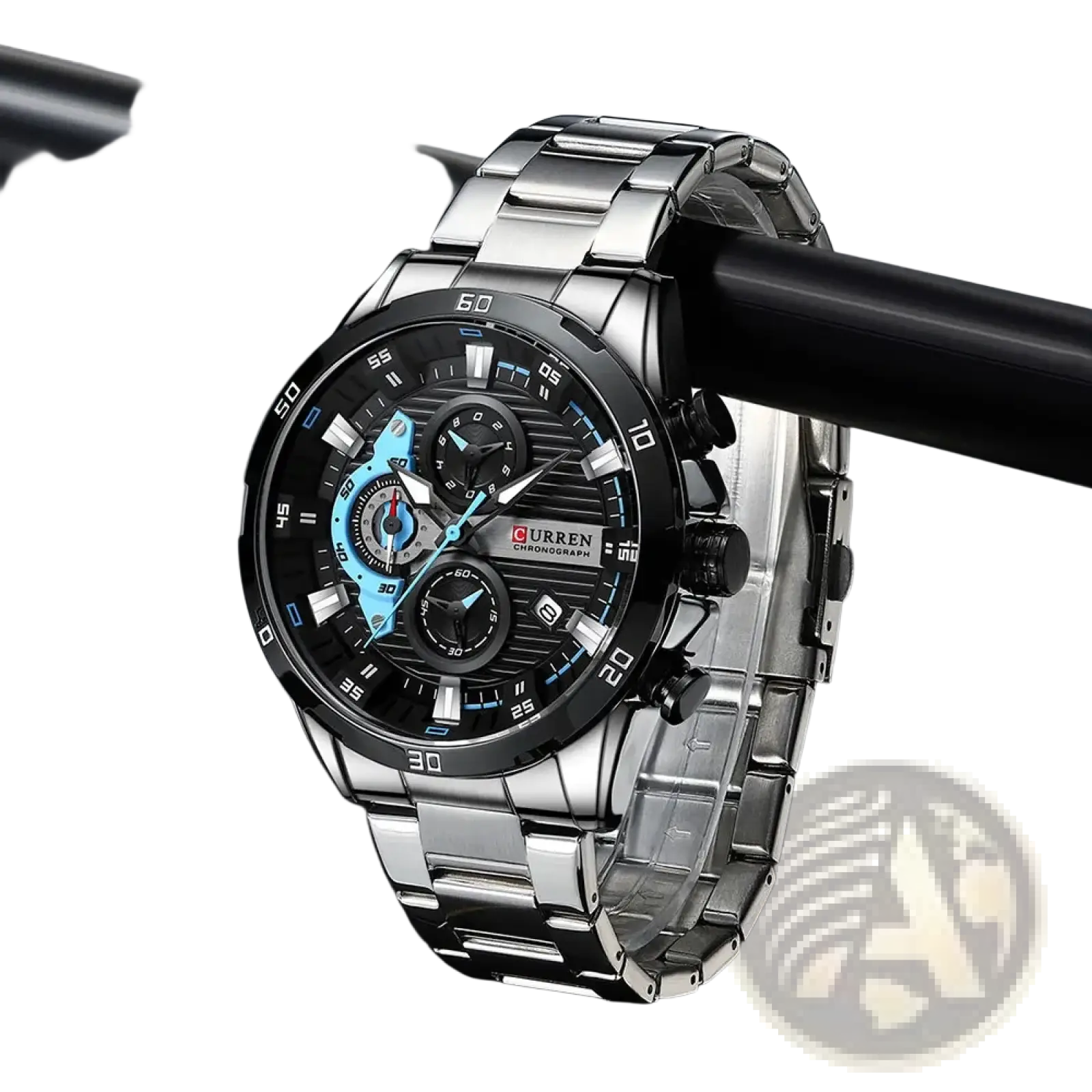 Silver-toned Curren men chronograph stainless steel watch with black dial and blue accents on subdials and hands