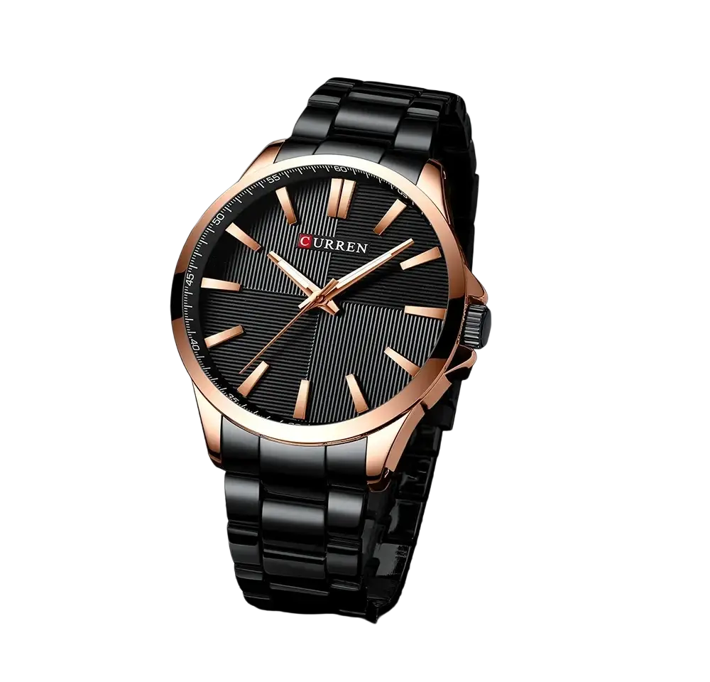 Curren men rose gold quartz watch with a black textured dial, bold hour markers, and a sleek metal bracelet