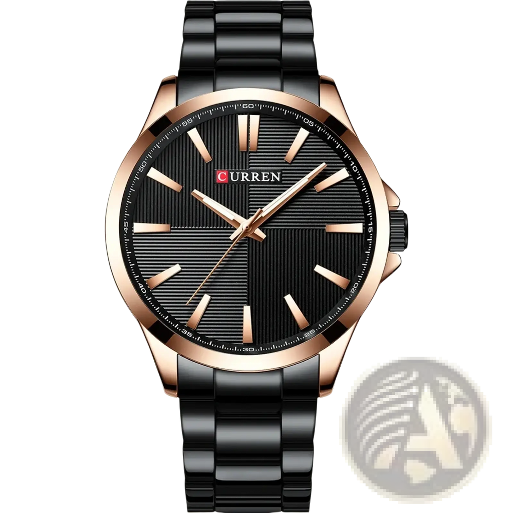 Curren men rose gold quartz watch with black sleek textured dial and matching rose gold metallic bracelet
