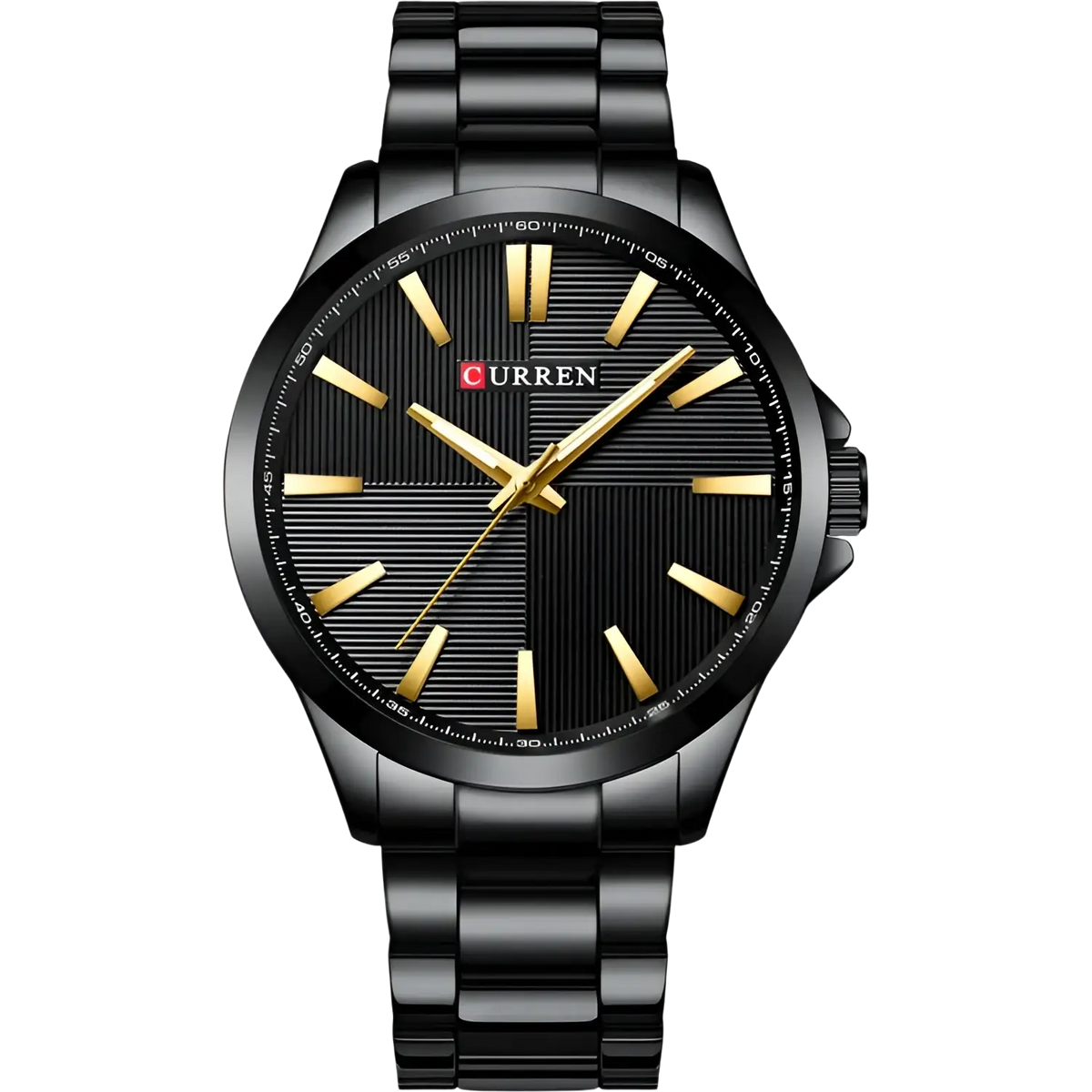Black Curren men rose gold quartz watch with gold-tone hands and hour markers on a textured black dial