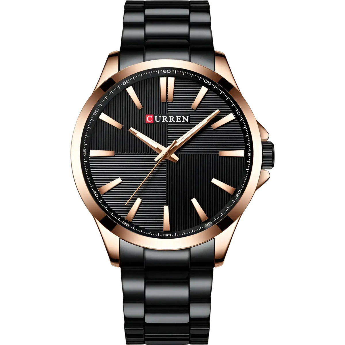 Black and rose gold Curren men quartz watch with textured dial and stainless steel bracelet for formal wear