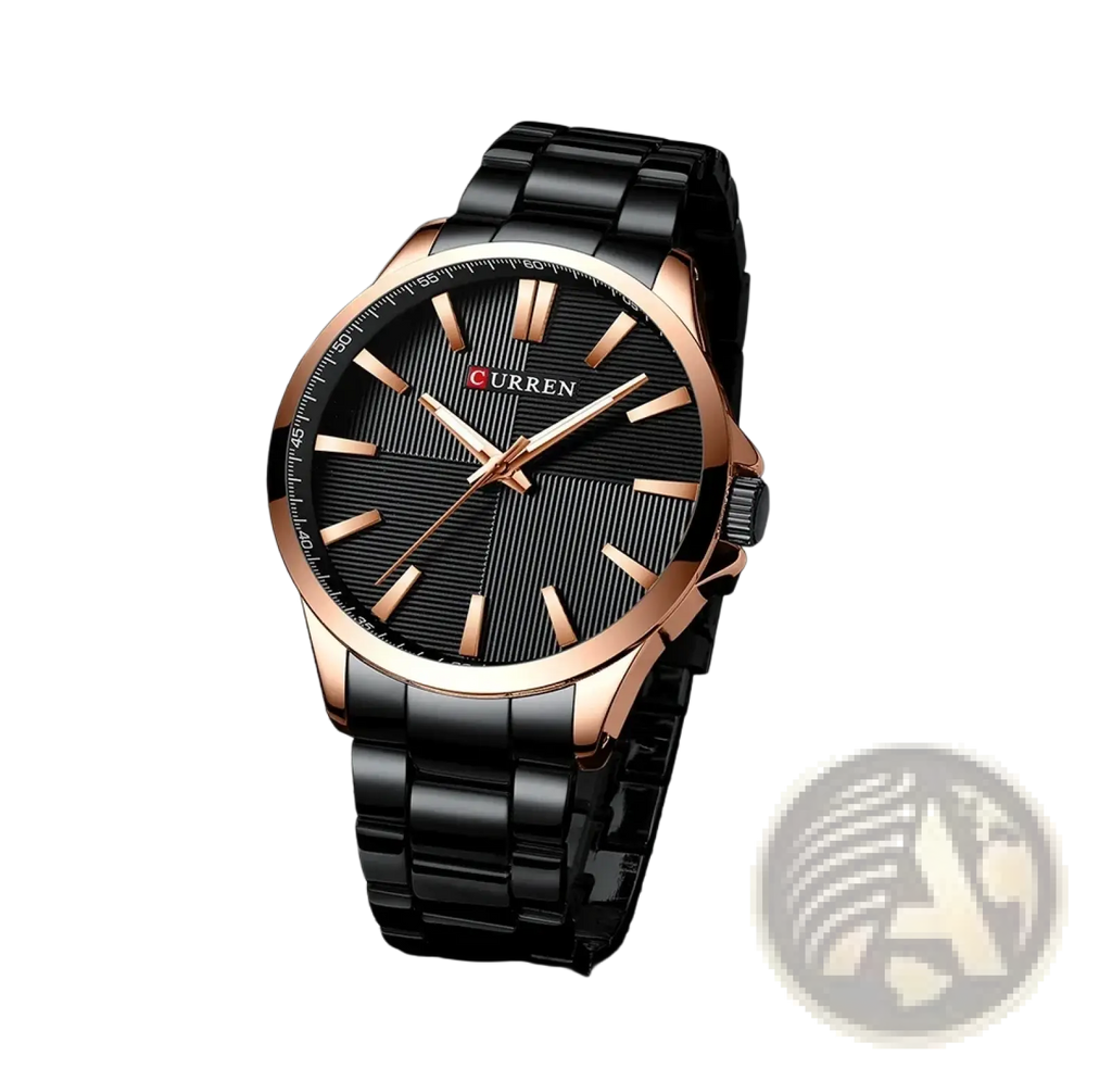 Curren men rose gold quartz watch with a black textured dial, bold hour markers, and a sleek metal bracelet
