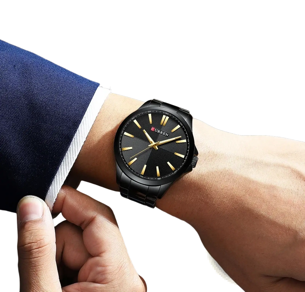 Curren men rose gold quartz watch featuring a black textured dial with gold-toned hands and hour markers