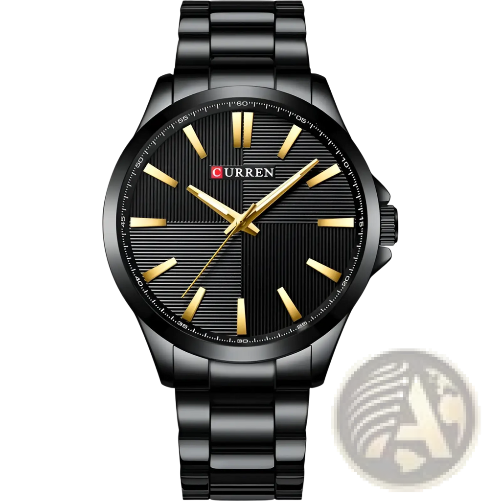 Black Curren men rose gold quartz watch with gold-tone hands and hour markers on a textured black dial