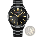 Black Curren men rose gold quartz watch with gold-tone hands and hour markers on a textured black dial